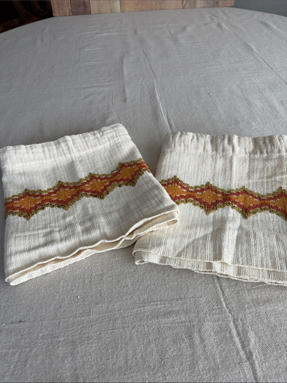1970’s Boho MCM Cafe Curtain Valances in Cream & Embroidered Oranges and Green